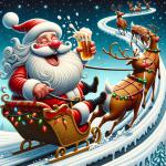 DALL·E 2023-12-24 10.07.03 - A whimsical scene of Santa Claus, slightly tipsy, joyfully riding his reindeer sleigh in a wobbly, zigzag path through a snowy night sky. Santa, with .png